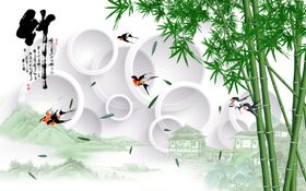 新中式水墨手绘竹子电视背景墙