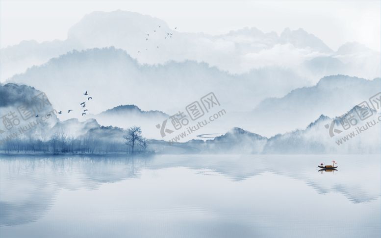 编号：18080506300201411737【酷图网】源文件下载-新中式水墨蓝色山水画