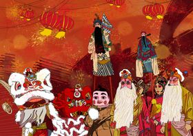 双色鹿复古国风插画卡通背景素材