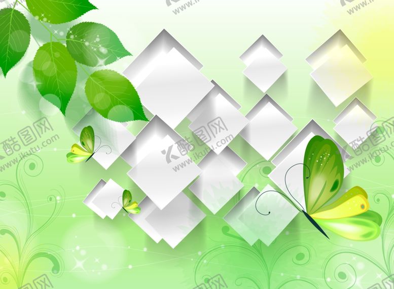 编号：87880609231751138286【酷图网】源文件下载-树叶青色蝴蝶背景墙