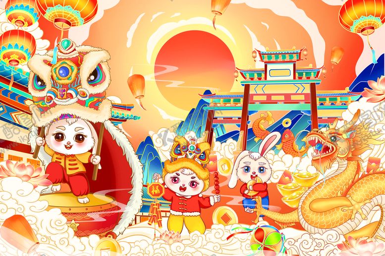 编号：35497610021057408954【酷图网】源文件下载-兔年春节插画