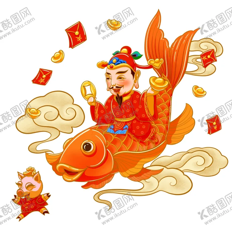 编号：73628503142345528630【酷图网】源文件下载-锦鲤上坐着财神猪