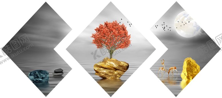 编号：45522310070742265142【酷图网】源文件下载-新中式金色石头灰度大海水装饰画