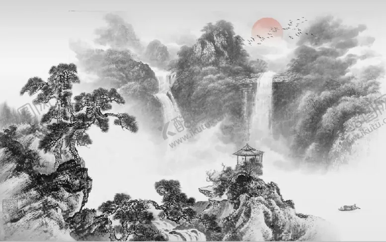 编号：63852310171847359904【酷图网】源文件下载-中式水墨山水瀑布国画电视背景墙