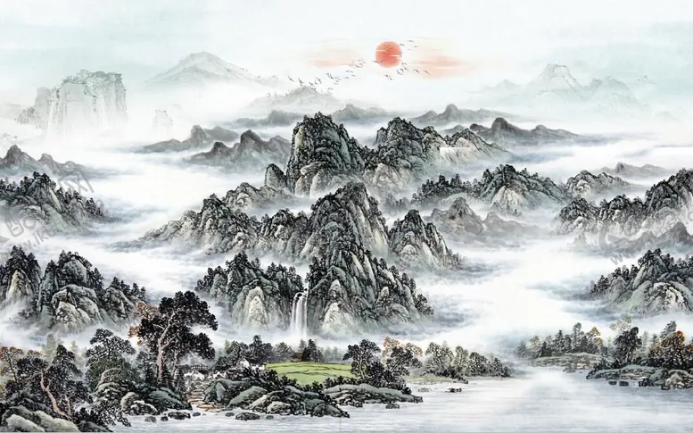 编号：93179410271356162006【酷图网】源文件下载-中式青绿瀑布山水国画电视背景墙