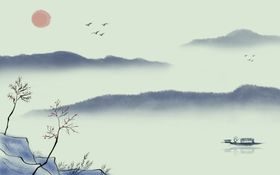 水墨山水小船太阳背景墙