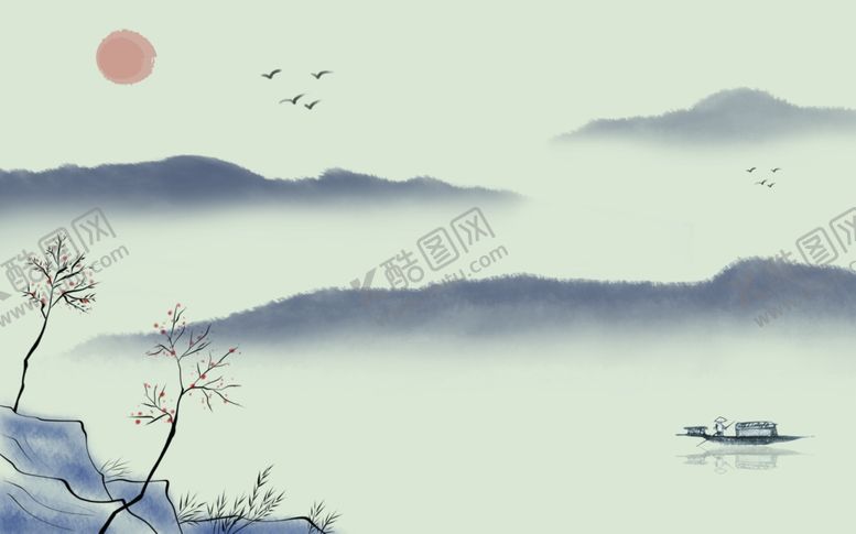 编号：26403007092252174149【酷图网】源文件下载-水墨山水小船太阳背景墙