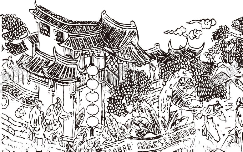 编号：11883710102318538407【酷图网】源文件下载-中国风传统古代线条老建筑插图