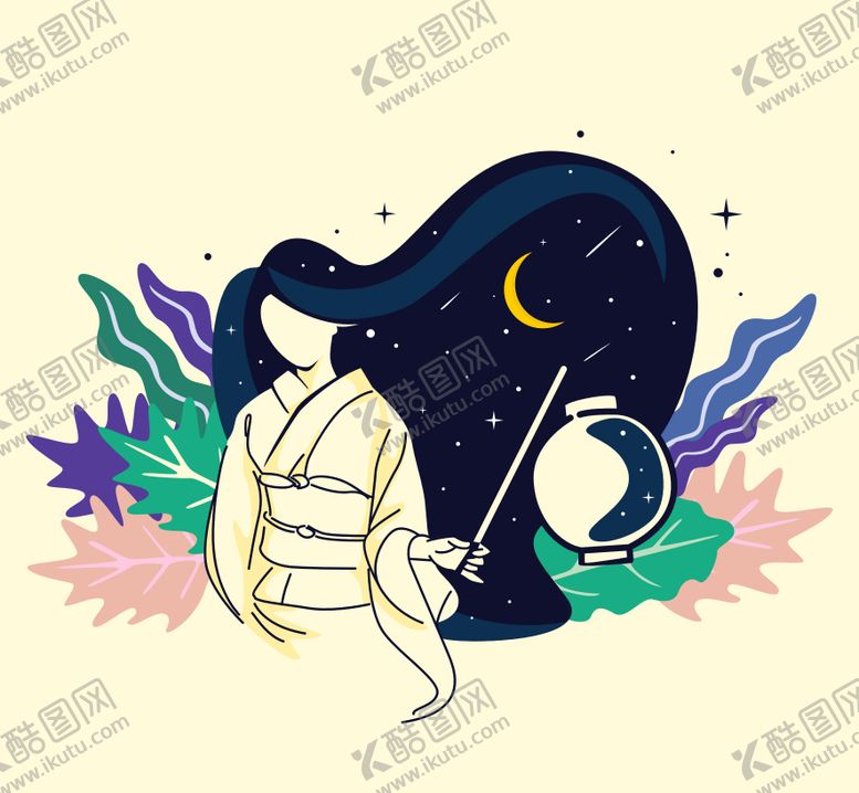编号：94857309081434467977【酷图网】源文件下载-月夜下的和服女子与灯笼