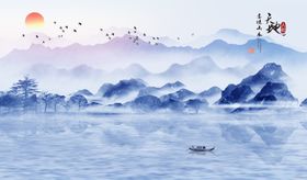 新中式水墨山水背景简约无框画抽象画