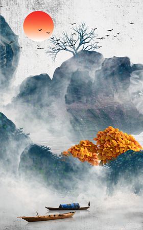 水墨山水小船大雁玄关图