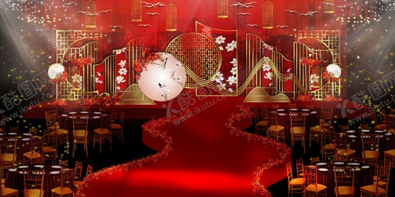 编号：34809607042338439033【酷图网】源文件下载-中式背景婚礼红色婚礼舞台