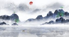 山水传统复古插画背景海报素材