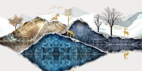 新中式岩石大理石纹山水装饰画