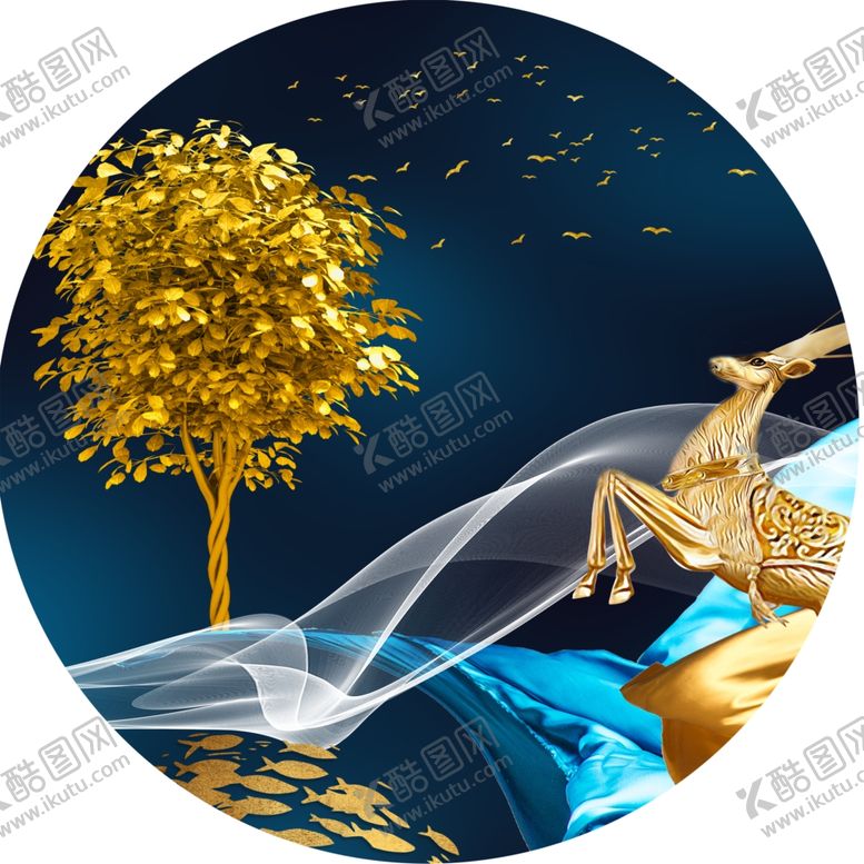 编号：77910001170449317376【酷图网】源文件下载-发财树麋鹿圆形挂画装饰画