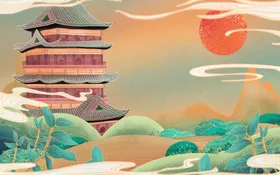 国潮背景凤凰意境装饰画广告山水
