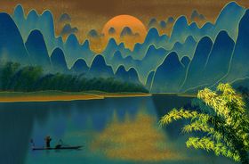 山水国风古风插画卡通背景素材