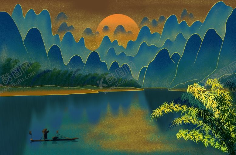 编号：73824906261720018706【酷图网】源文件下载-山水国风古风插画卡通背景素材
