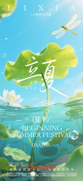 立夏节气海报清新荷花插画日