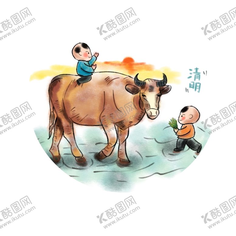 编号：44185309251230574615【酷图网】源文件下载-手绘清明2个牧童一起放牛