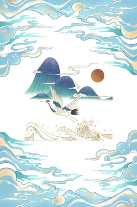 国潮祥云仙鹤插画山水