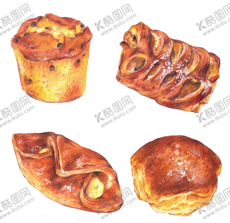 编号：89744009082309291994【酷图网】源文件下载-手绘水彩面包糕点png素材
