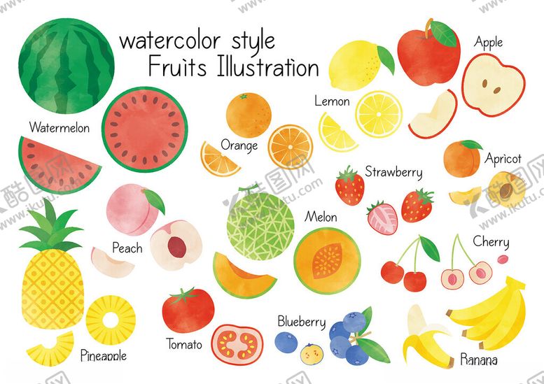 编号：92748709232211504621【酷图网】源文件下载-水彩风格水果插画集合