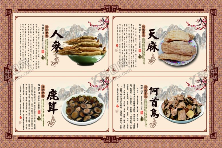 编号：51682509221004277895【酷图网】源文件下载-人参天麻鹿茸何首乌中药图