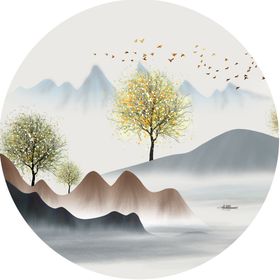 水墨山水湖畔风景画圆形挂画