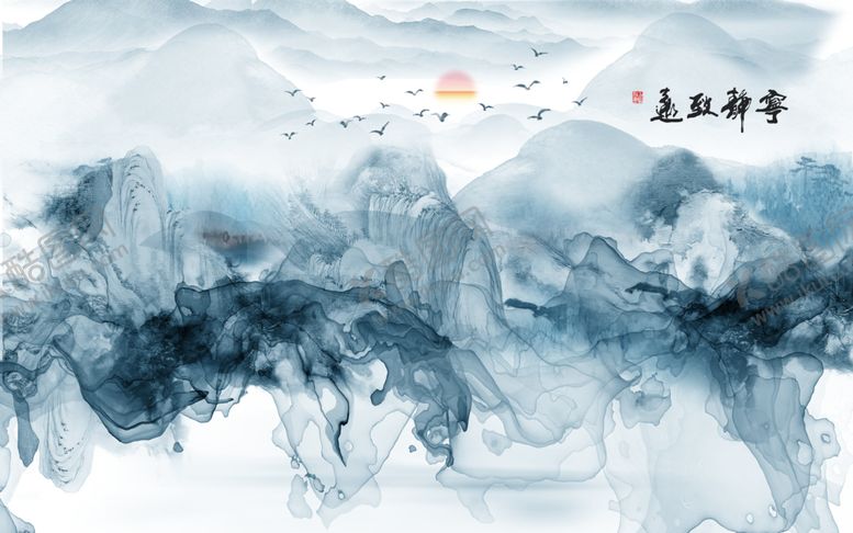 编号：17126210041250427390【酷图网】源文件下载-宁静致远蓝色水墨装饰画