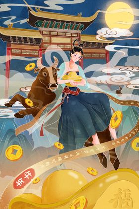 仙女乘牛唯美中国风插画