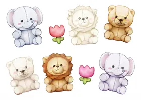 可爱毛绒动物与花朵组合