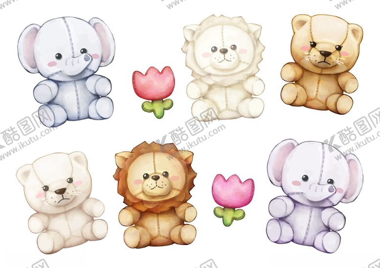 编号：75312811211603464988【酷图网】源文件下载-可爱毛绒动物与花朵组合