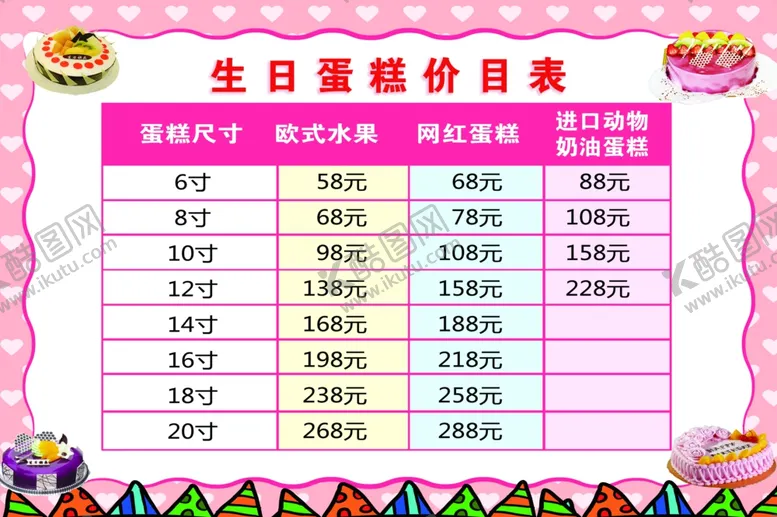 编号：63290002090549366490【酷图网】源文件下载-生日蛋糕价目表