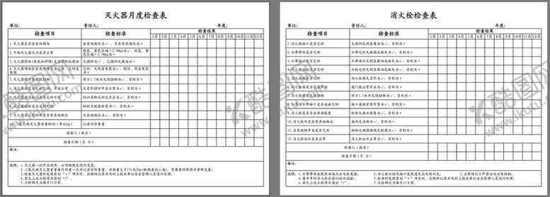 编号：98417309140538283785【酷图网】源文件下载-灭火器消火栓检查表消防