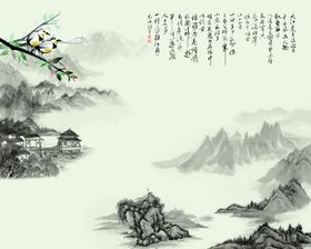 水墨山水小亭背景墙