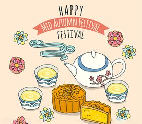 彩色中秋节月饼和茶水