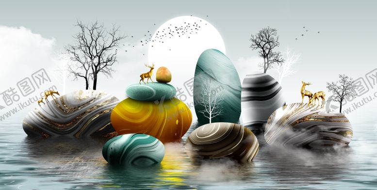 编号：54260909291814458795【酷图网】源文件下载-新中式麋鹿装饰画