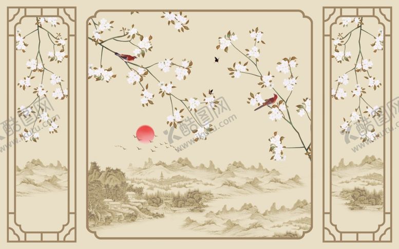 编号：36021810091646485856【酷图网】源文件下载-鸟语花香新中式背景墙