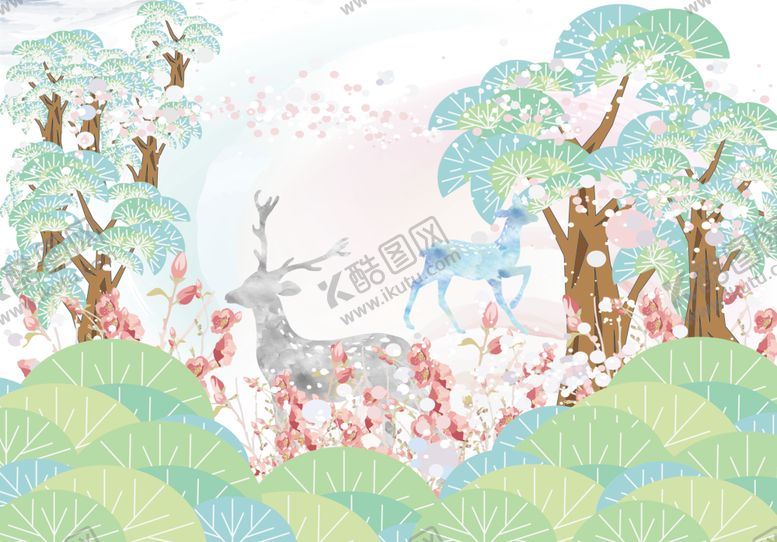 编号：53999211012223567950【酷图网】源文件下载-水彩鹿松树