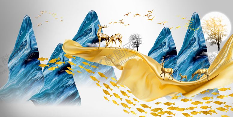 编号：04865710072212429137【酷图网】源文件下载-金色飘带麋鹿意境山水装饰画