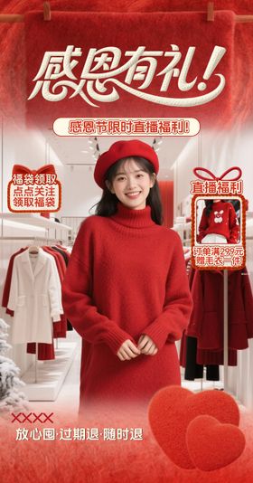 红色感恩节商超服装毛绒质感直播间贴片