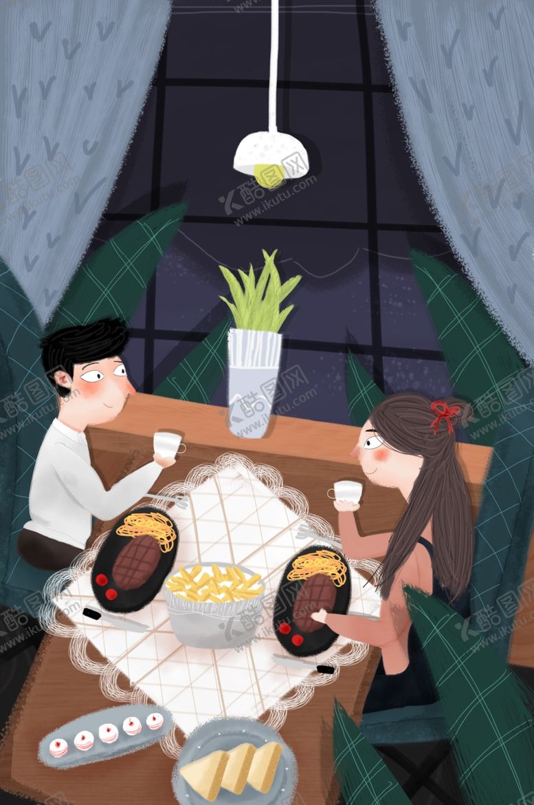 编号：87722307032332592681【酷图网】源文件下载-情侣晚餐清新插画卡通背景素材