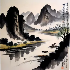水墨山水国风画鸭子