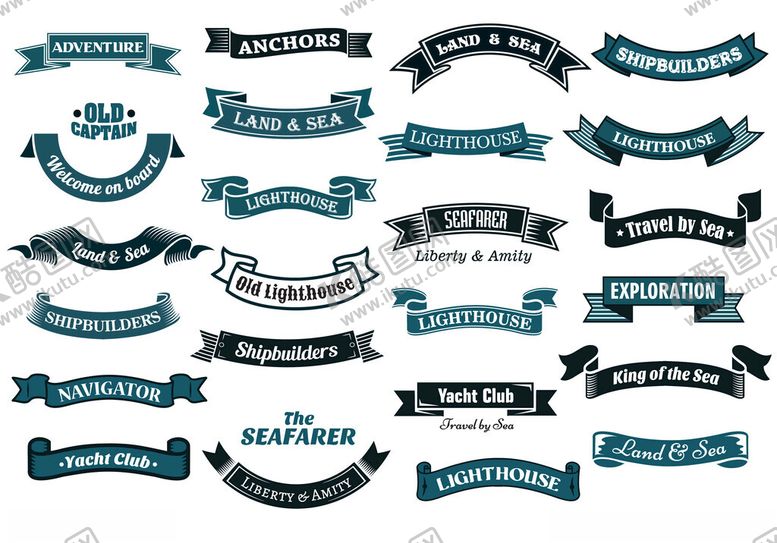 编号：52408504132119332507【酷图网】源文件下载-复古蓝色装饰性横幅集合