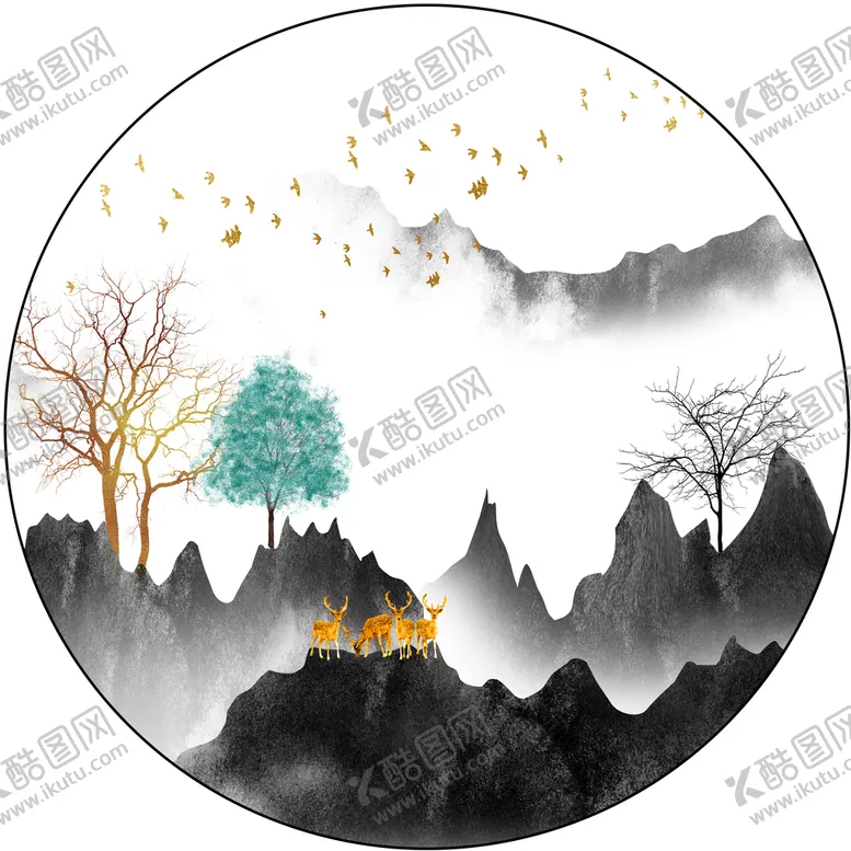 编号：84153709181810502764【酷图网】源文件下载-金色麋鹿意境山水装饰画