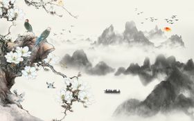中式山水电视背景墙