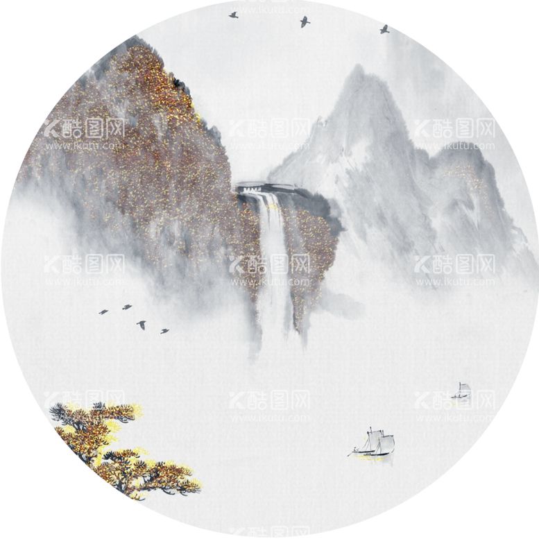 编号：95967411241255552727【酷图网】源文件下载-巍峨山脉水墨风景画圆形挂画