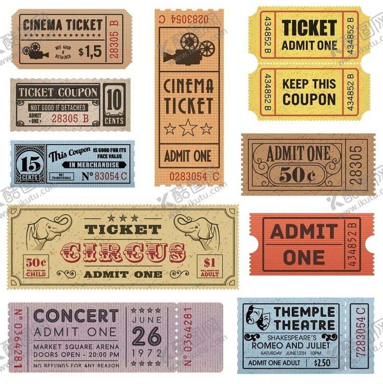 编号：57555609270239096332【酷图网】源文件下载-复古风格演出门票集合