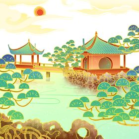 古风国潮建筑与松柏